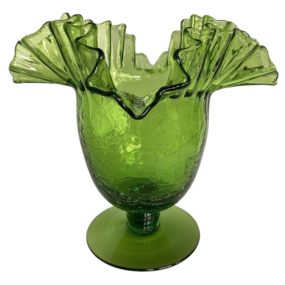 Blenko 388 Green Crackle Art Glass Vase Handcrafted Crimped Ruffled Edge Vintage